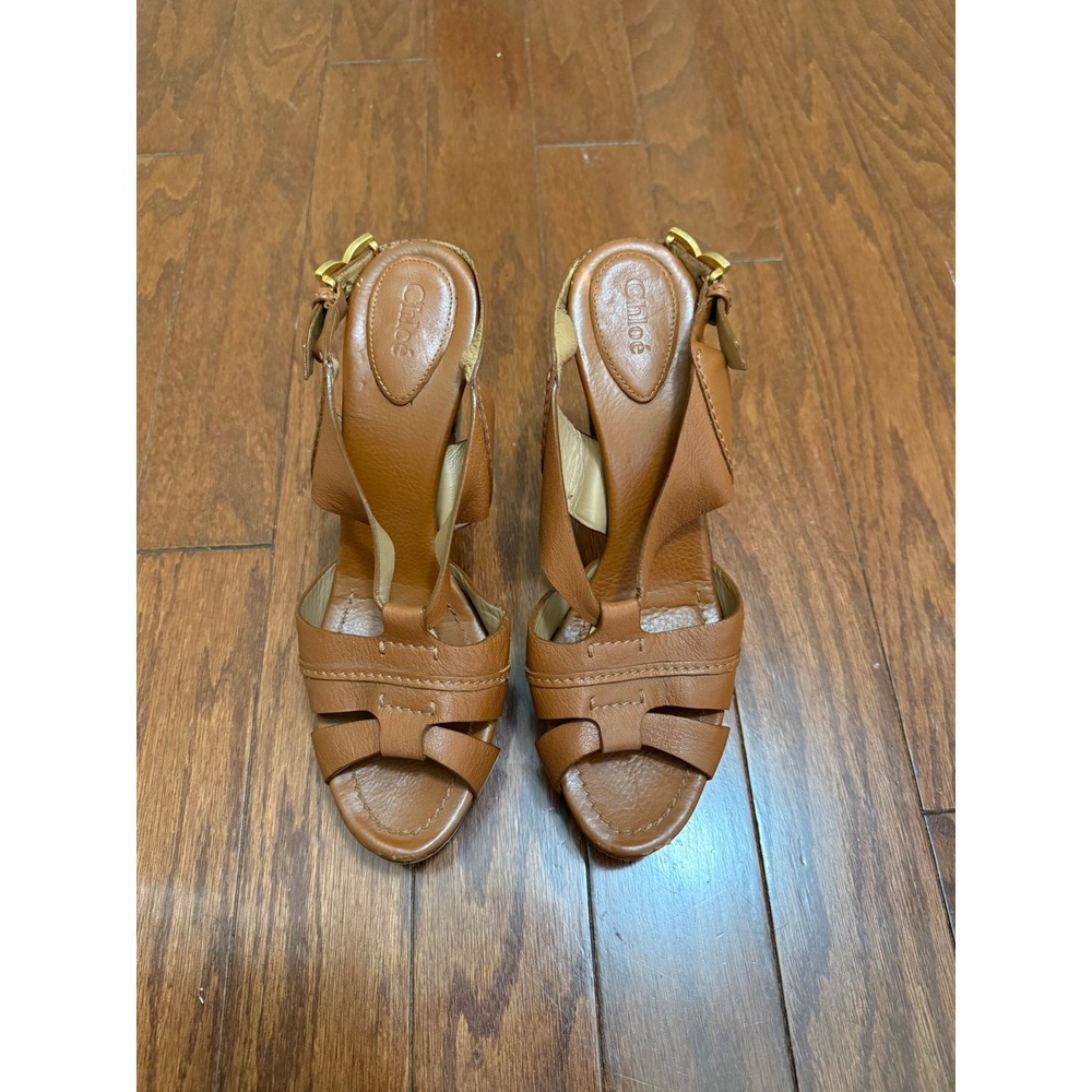 Vintage Chloe Tan Leather Cork Platform‎  Heel Slingback Sandals Women Size 39.5